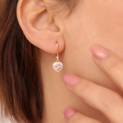 Pink Tourmaline Bezel Heart Dangle Earrings with Real Diamonds in 8K/10K/14K Solid Gold | October Birthstone Jewelry