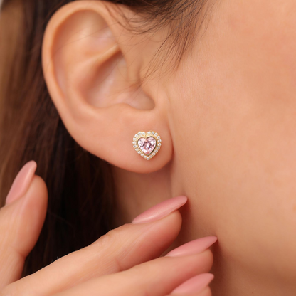 Pink Tourmaline Bezel Heart Stud Earrings with Real Diamonds in 10K/14K Solid Gold | October Birthstone Jewelry