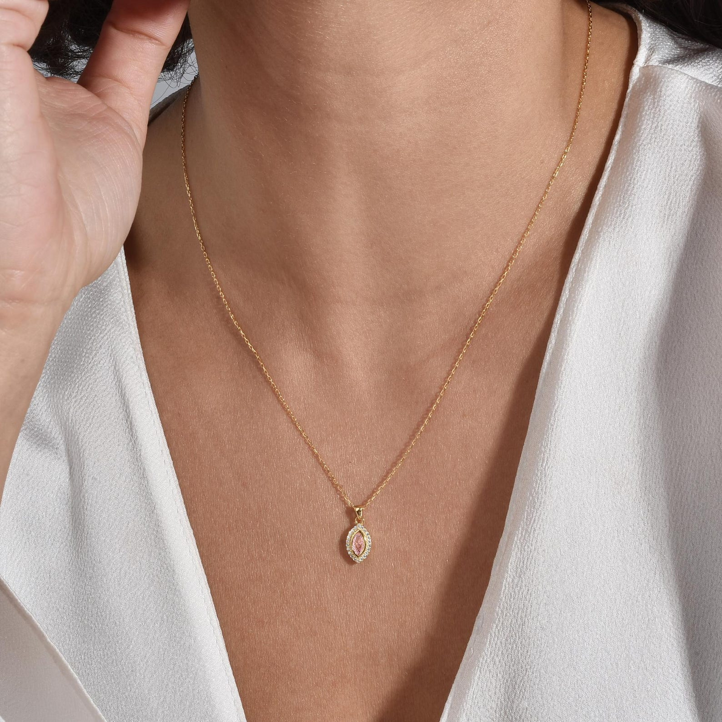Pink Tourmaline Bezel Marquise Necklace with Real Diamonds in 8K/10K/14K Solid Gold | October Birthstone Jewelry