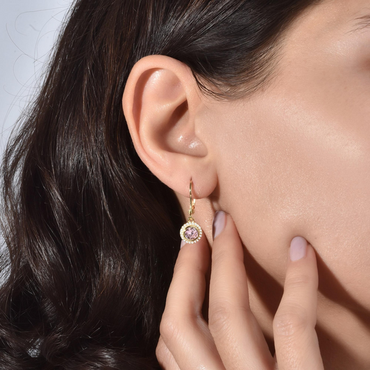 Pink Tourmaline Round Bezel Dangle Earrings in 8K/10K/14K Solid Gold with Real Diamonds, October Birthstone Jewelry