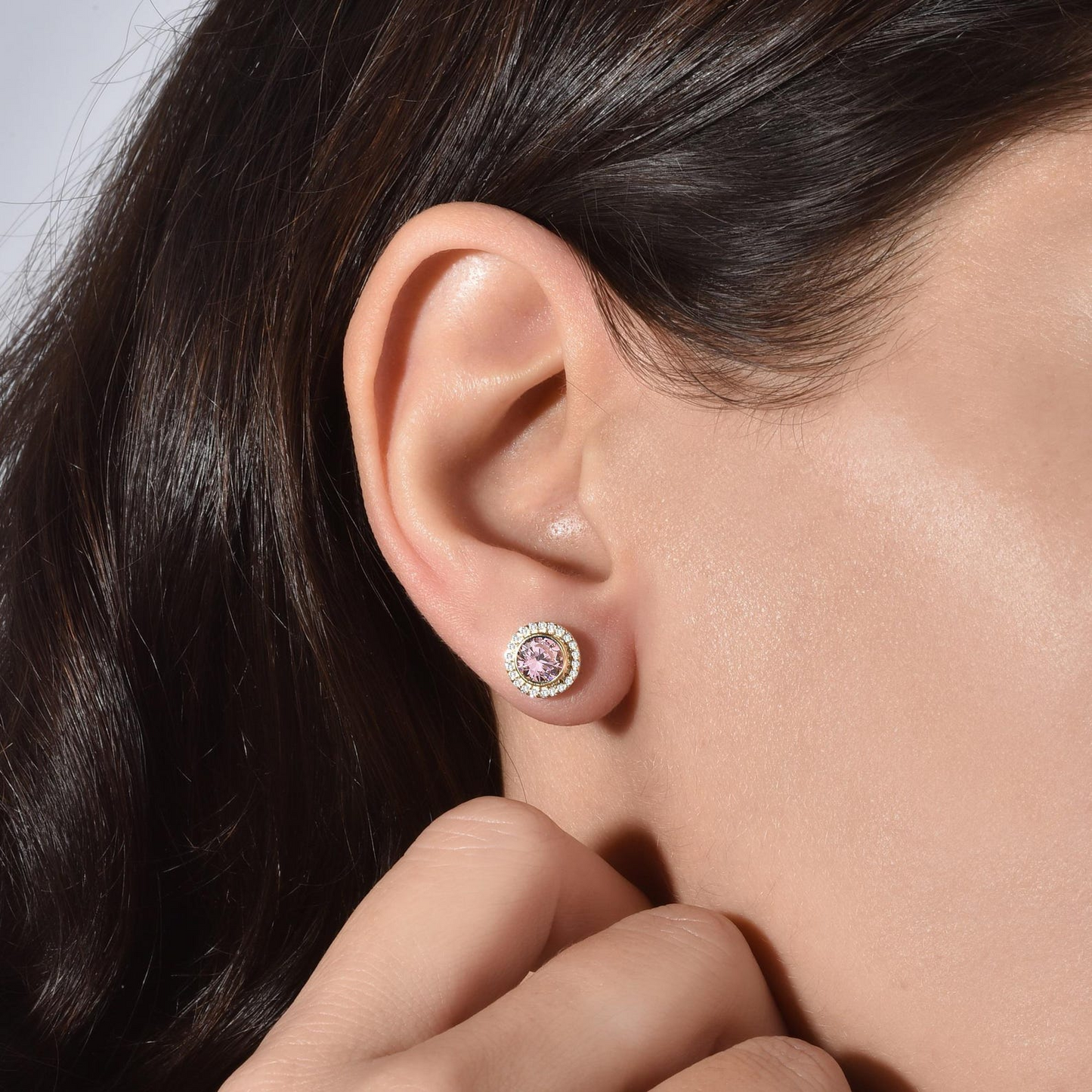 Pink Tourmaline Round Bezel Stud Earrings in 8K/10K/14K Solid Gold with Real Diamonds, October Birthstone Jewelry