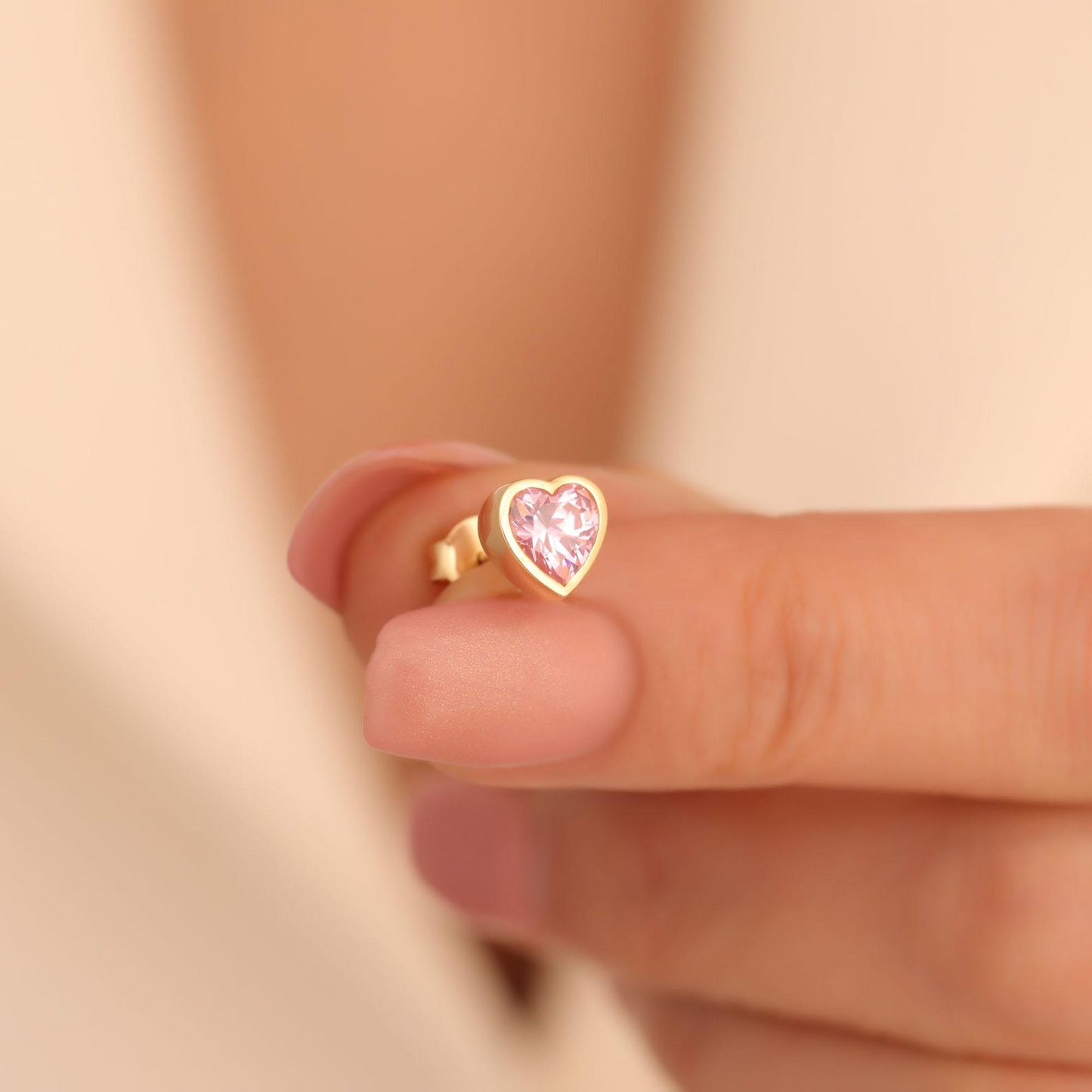 Pink Tourmaline Heart Bezel Cut Stud Earrings 10K/14K Solid Gold, October Birthstone Jewelry