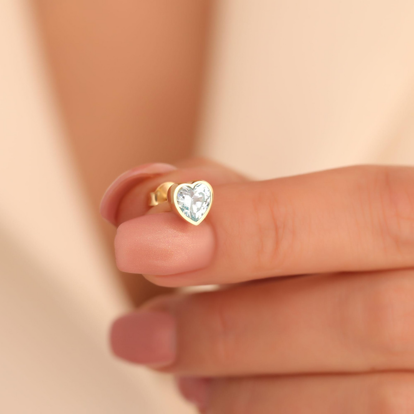Aquamarine Bezel Heart Stud Earrings 10K/14K Solid Gold, March Birthstone Jewelry