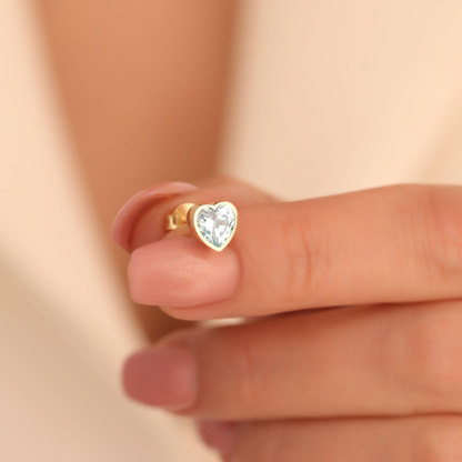 Aquamarine Bezel Heart Stud Earrings 10K/14K Solid Gold, March Birthstone Jewelry