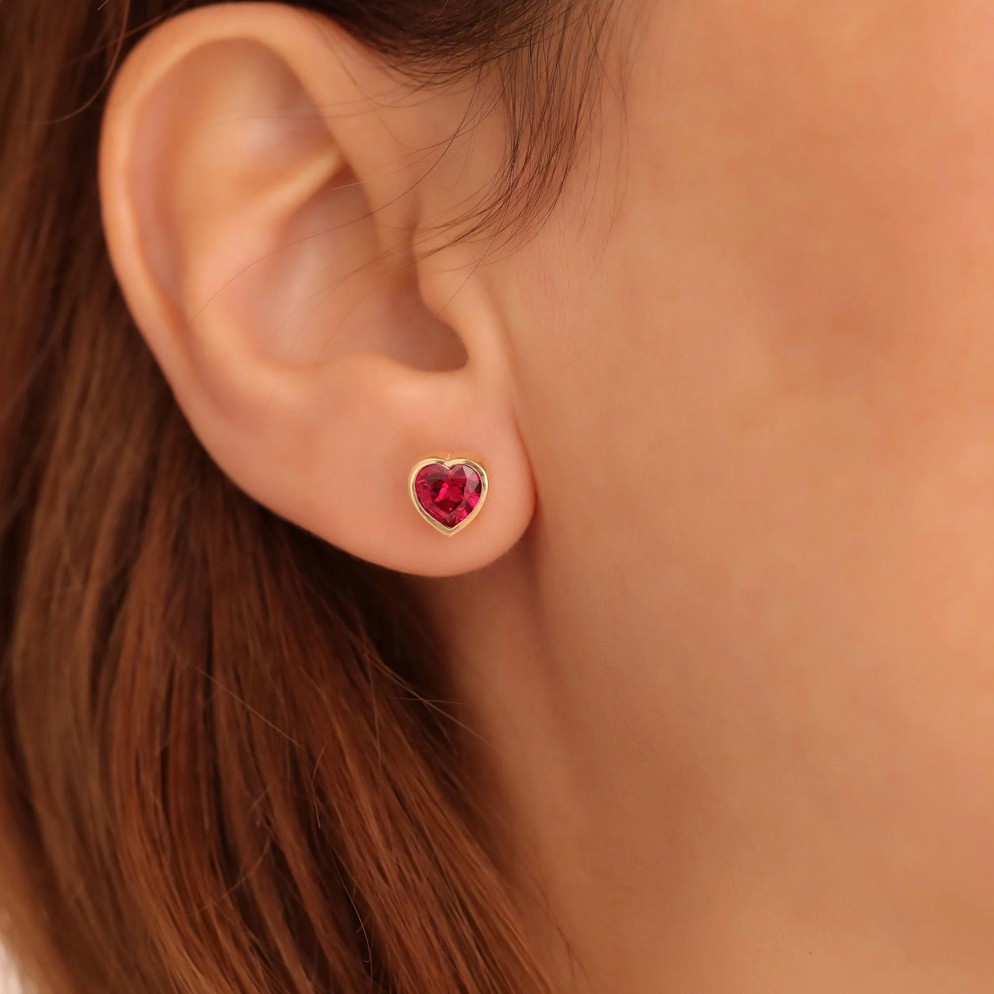 Ruby Heart Bezel Stud Earrings 10K/14K Solid Gold, July Birthstone Jewelry