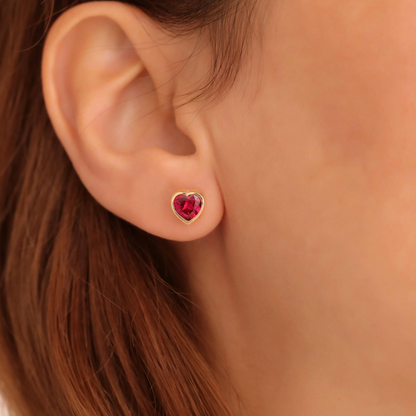 Ruby Heart Bezel Stud Earrings 10K/14K Solid Gold, July Birthstone Jewelry