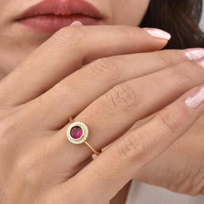 Ruby Round Bezel Ring in 8K/10K/14K Solid Gold with Real Diamonds, July Birthstone Jewelry