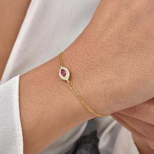 Ruby Bezel Marquise Bracelet with Real Diamonds in 8K/10K/14K Solid Gold | July Birthstone Jewelry