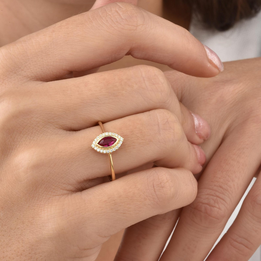 Ruby Bezel Marquise Ring with Real Diamonds in 8K/10K/14K Solid Gold | July Birthstone Jewelry