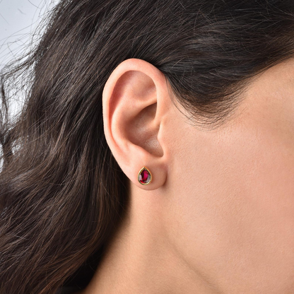 Ruby Drop Bezel Stud Earrings in 10K/14K Solid Gold, July Birthstone Jewelry