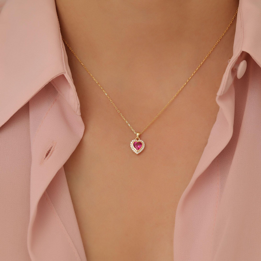 Ruby Bezel Heart Necklace with Real Diamonds in 8K/10K/14K Solid Gold | July Birthstone Jewelry
