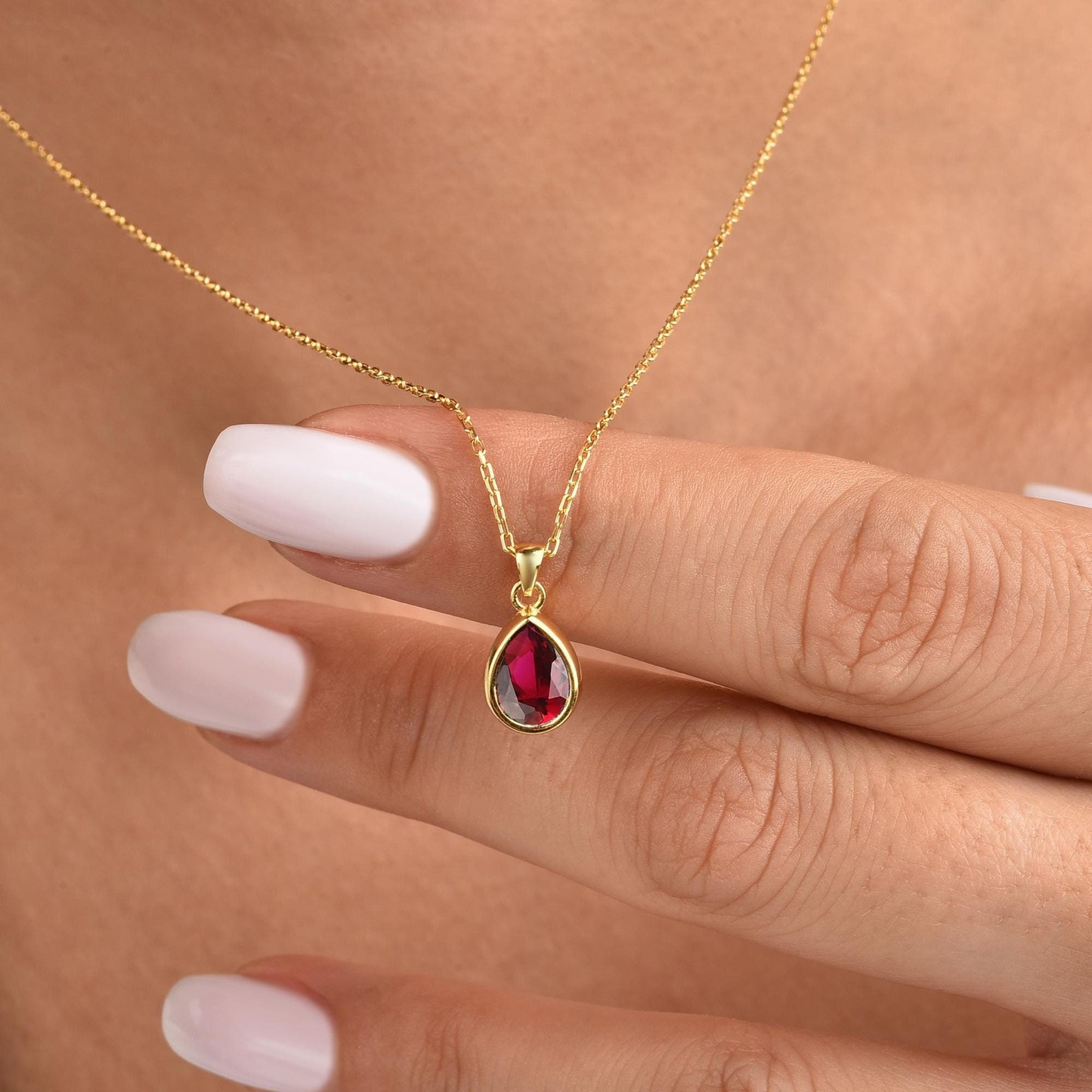 Ruby Bezel Drop Necklace 10K/14K Solid Gold, July Birthstone Jewelry