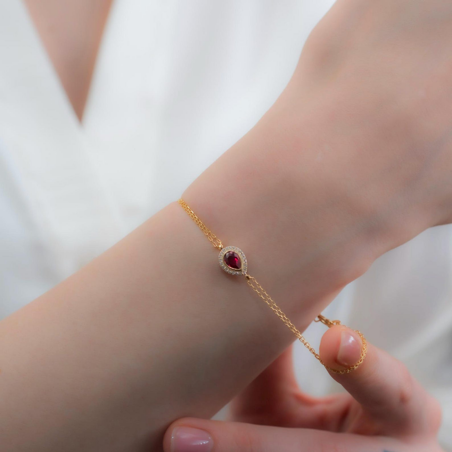 Ruby Bezel Drop Bracelet with Real Diamonds in 8K/10K/14K Solid Gold | July Birthstone Jewelry