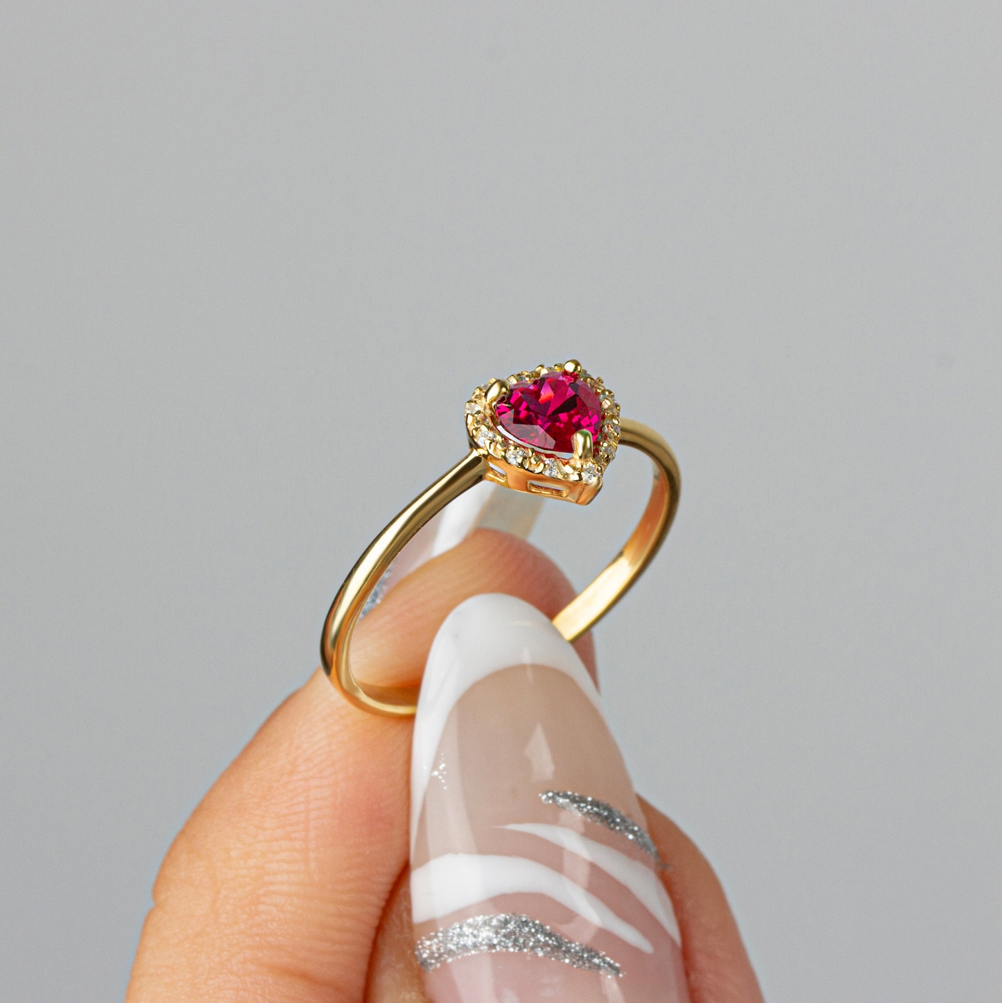 Ruby Bezel Heart Ring with Real Diamonds Halo in 8K/10K/14K Solid Gold | July Birthstone Jewelry
