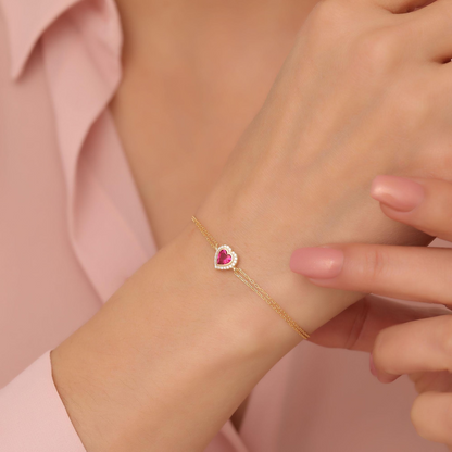Ruby Bezel Heart Bracelet with Real Diamonds in 8K/10K/14K Solid Gold | July Birthstone Jewelry