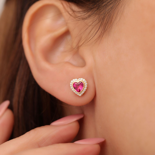 Ruby Bezel Heart Stud Earrings with Real Diamonds in 10K/14K Solid Gold | July Birthstone Jewelry