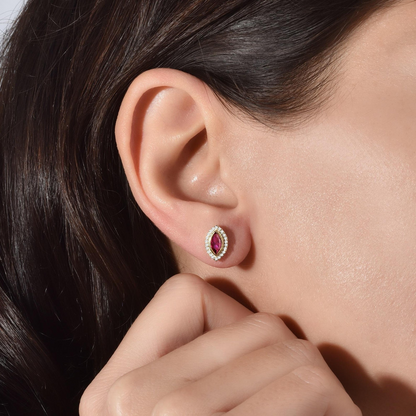 Ruby Bezel Marquise Stud Earrings with Real Diamonds in 8K/10K/14K Solid Gold | July Birthstone Jewelry