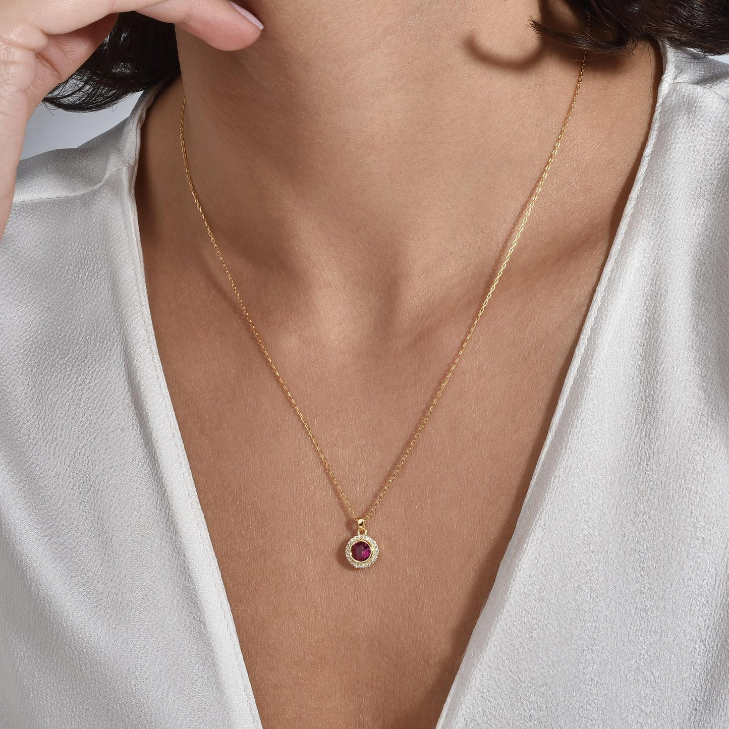 Ruby Round Bezel Necklace in 8K/10K/14K Solid Gold with Real Diamonds, July Birthstone Jewelry