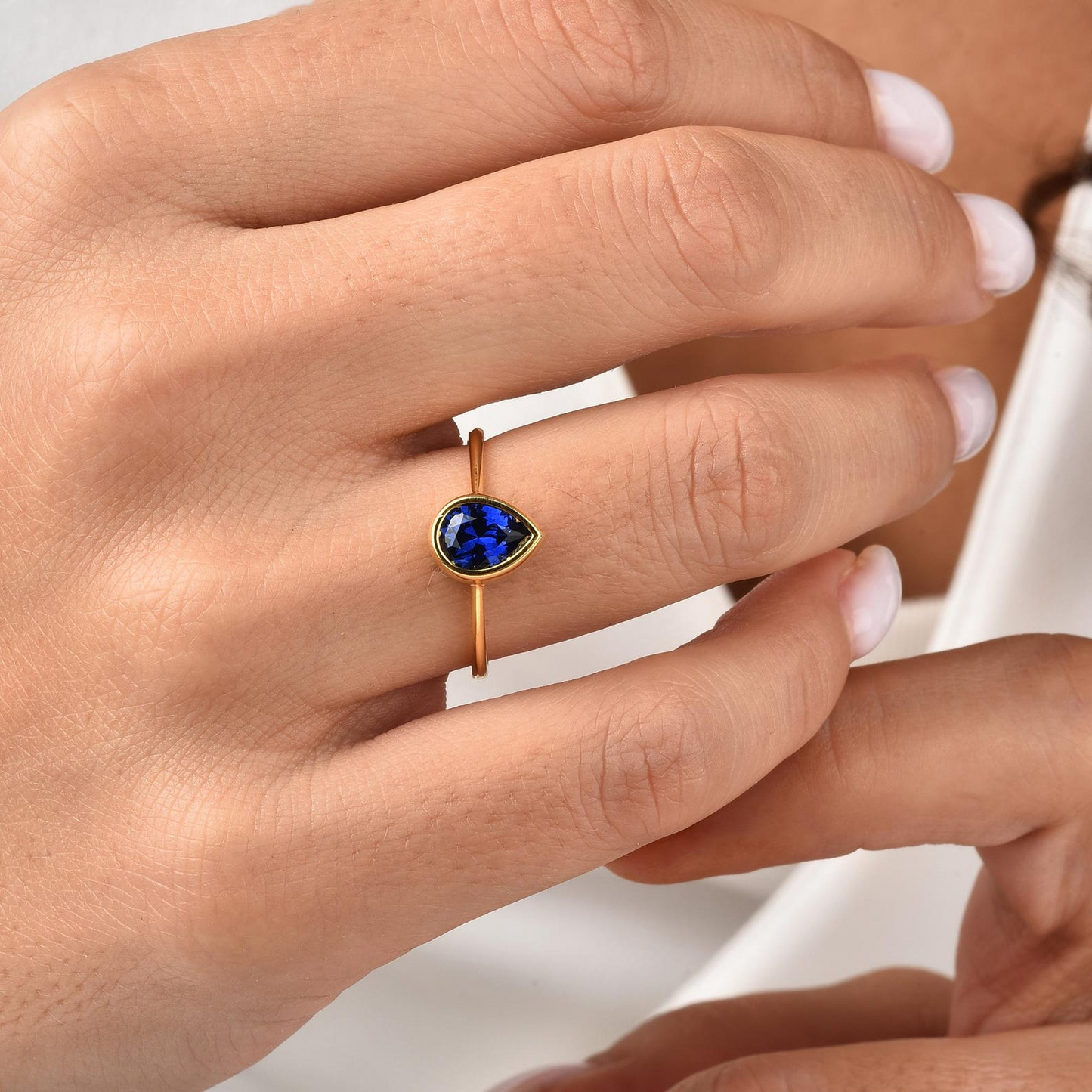 Sapphire Drop Bezel Ring 8K/10K/14K Solid Gold, September Birthstone Jewelry