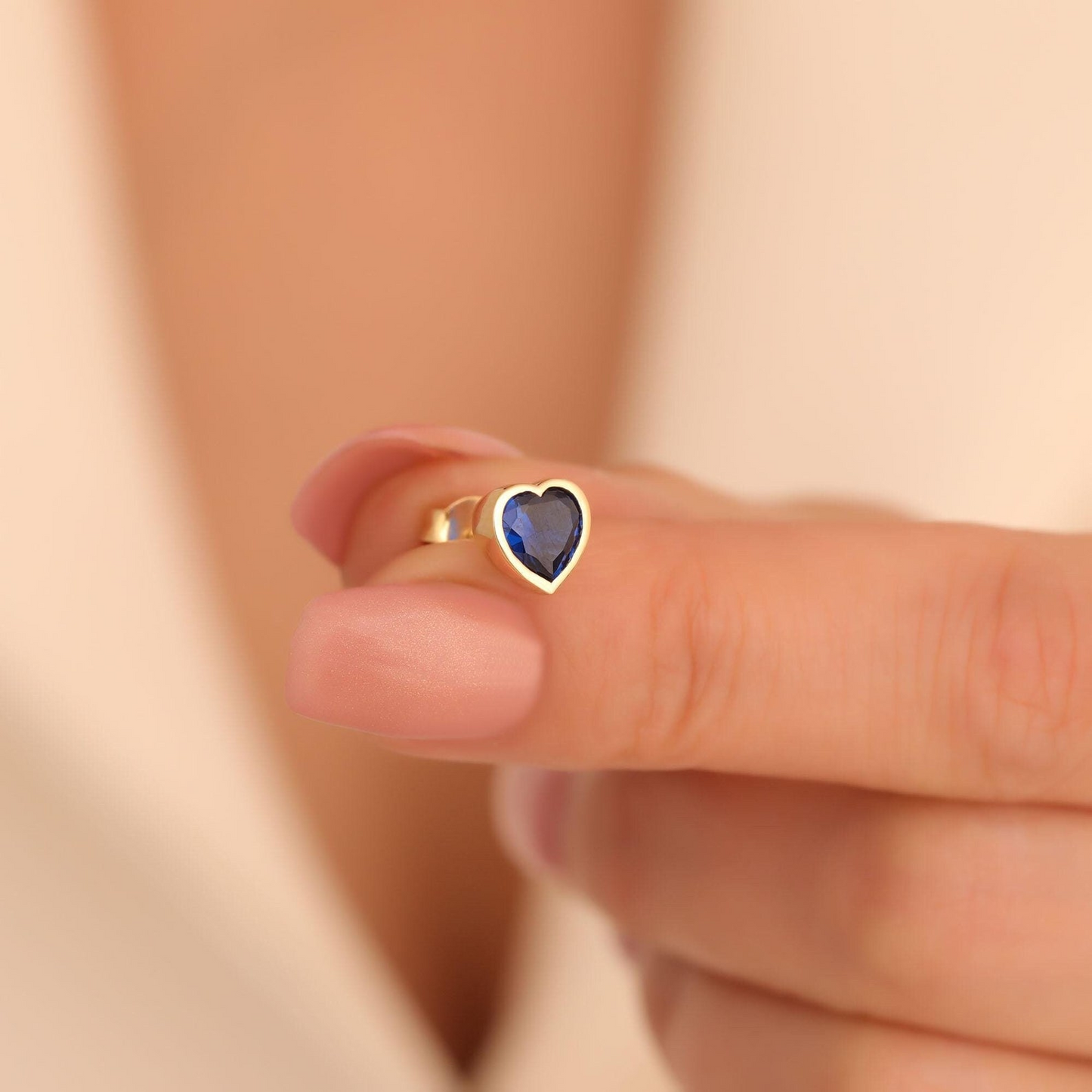 Sapphire Heart Cut Bezel Stud Earrings 10K/14K Solid Gold, September Birthstone Jewelry