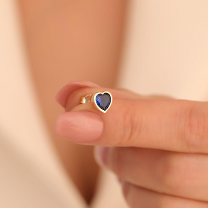 Sapphire Heart Cut Bezel Stud Earrings 10K/14K Solid Gold, September Birthstone Jewelry