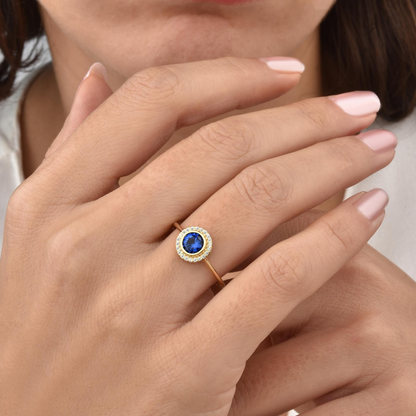 Sapphire Round Bezel Ring in 8K/10K/14K Solid Gold with Real Diamonds, September Birthstone Jewelry