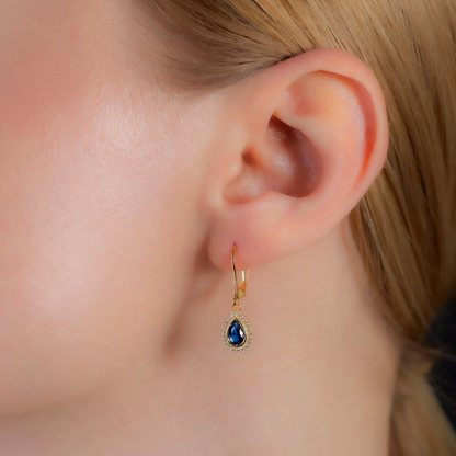 Sapphire Bezel Drop Dangle Earrings with Real Diamonds in 8K/10K/14K Solid Gold | September Birthstone Jewelry