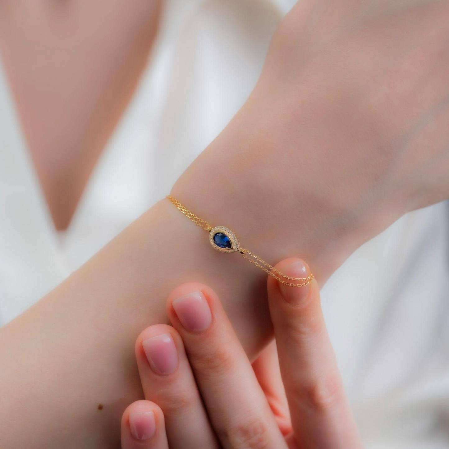 Sapphire Bezel Drop Bracelet with Real Diamonds in 8K/10K/14K Solid Gold | September Birthstone Jewelry