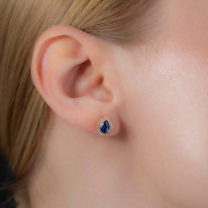 Sapphire Bezel Drop Stud Earrings with Real Diamonds in 8K/10K/14K Solid Gold | September Birthstone Jewelry
