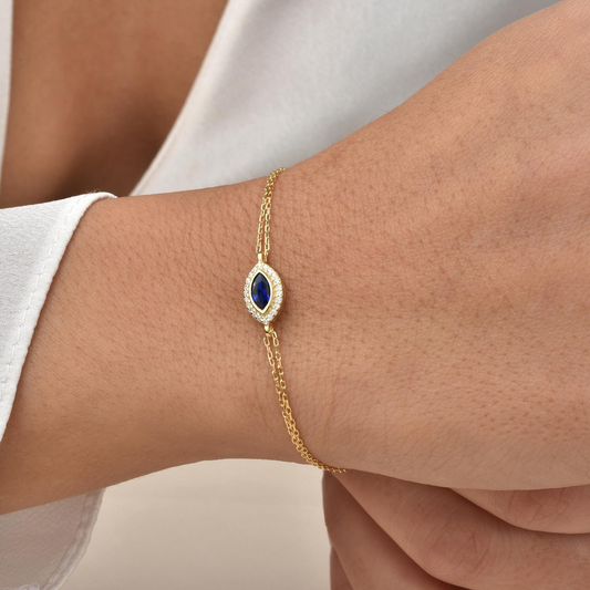 Sapphire Bezel Marquise Bracelet with Real Diamonds in 8K/10K/14K Solid Gold | September Birthstone Jewelry