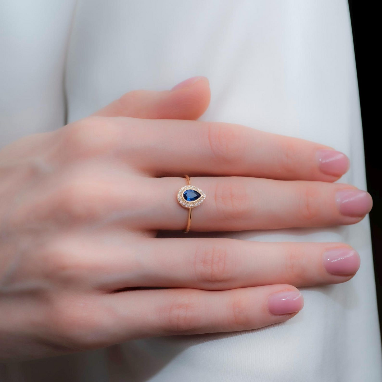 Sapphire Bezel Drop Ring with Real Diamonds in 8K/10K/14K Solid Gold | September Birthstone Jewelry