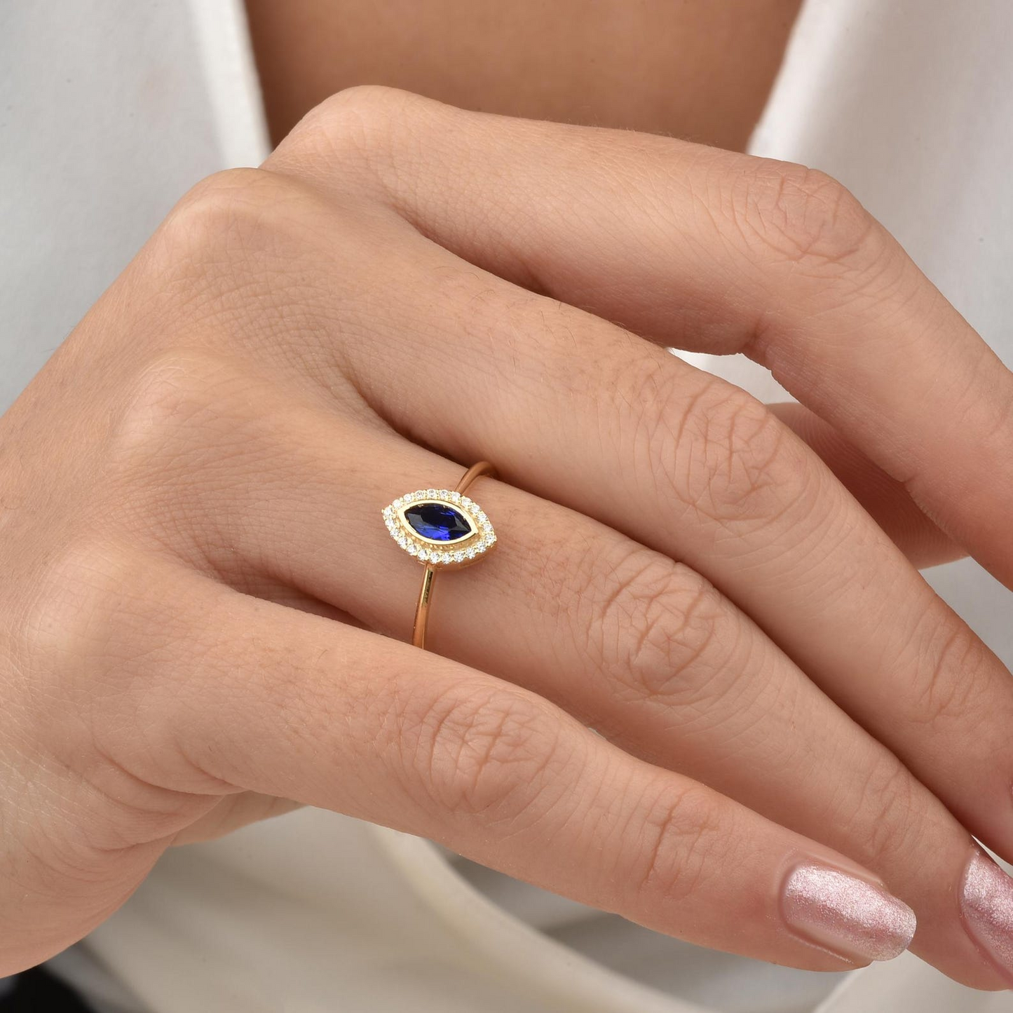 Sapphire Bezel Marquise Ring with Real Diamonds in 8K/10K/14K Solid Gold | September Birthstone Jewelry