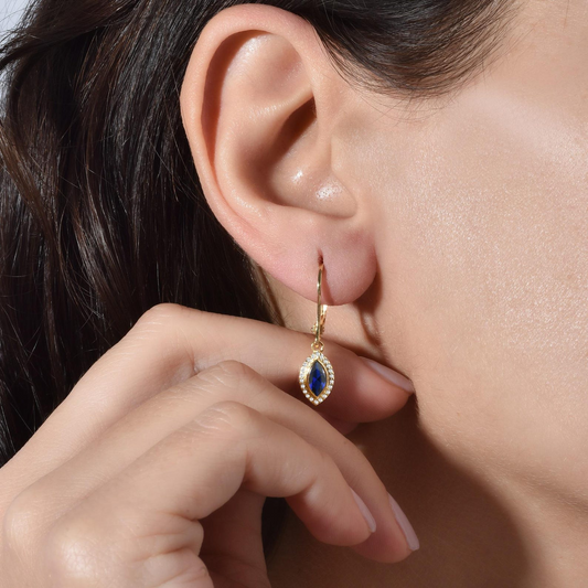 Sapphire Bezel Marquise Dangle Earrings with Real Diamonds in 8K/10K/14K Solid Gold | September Birthstone Jewelry