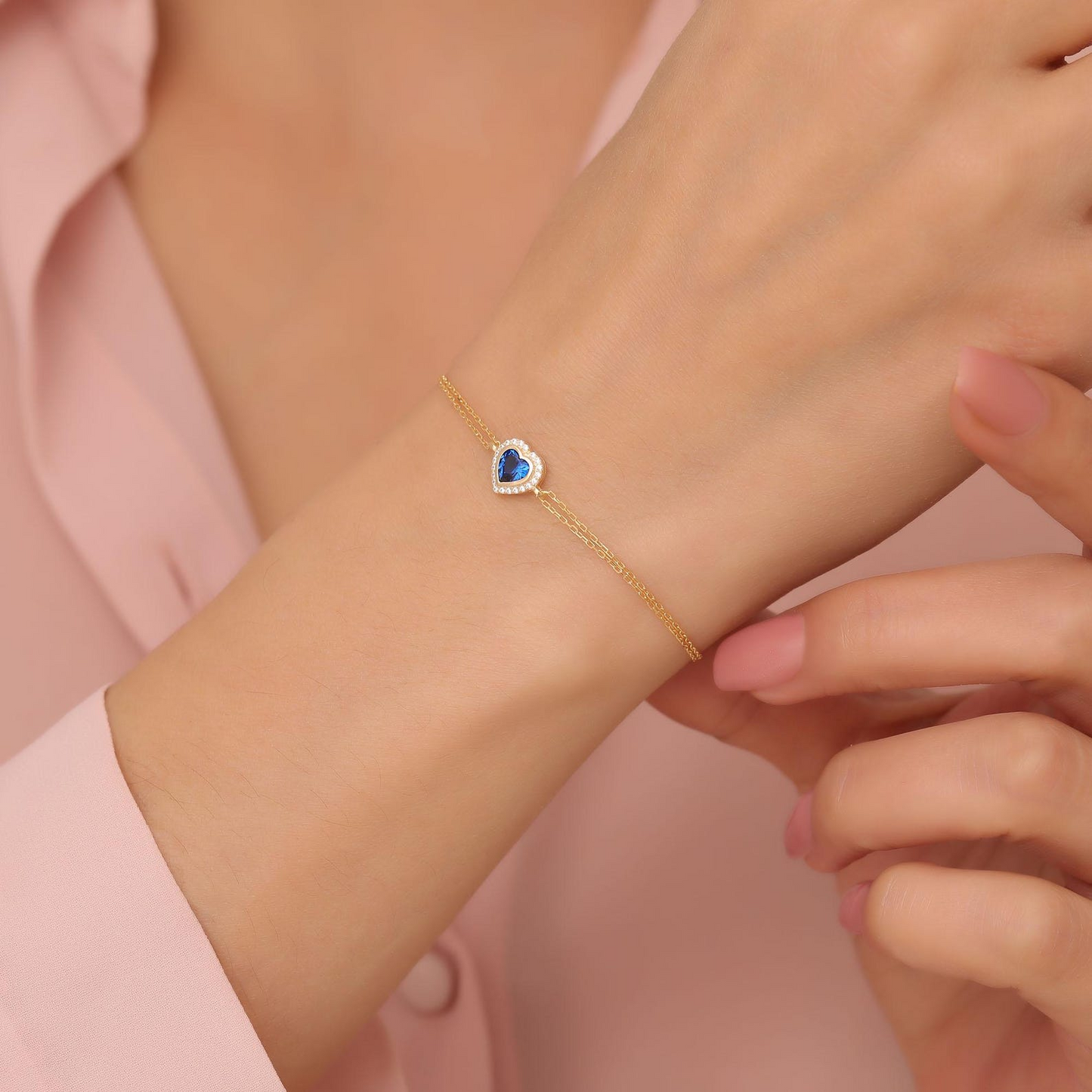 Sapphire Bezel Heart Bracelet with Real Diamonds in 8K/10K/14K Solid Gold | September Birthstone Jewelry