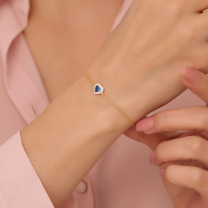 Sapphire Bezel Heart Bracelet with Real Diamonds in 8K/10K/14K Solid Gold | September Birthstone Jewelry