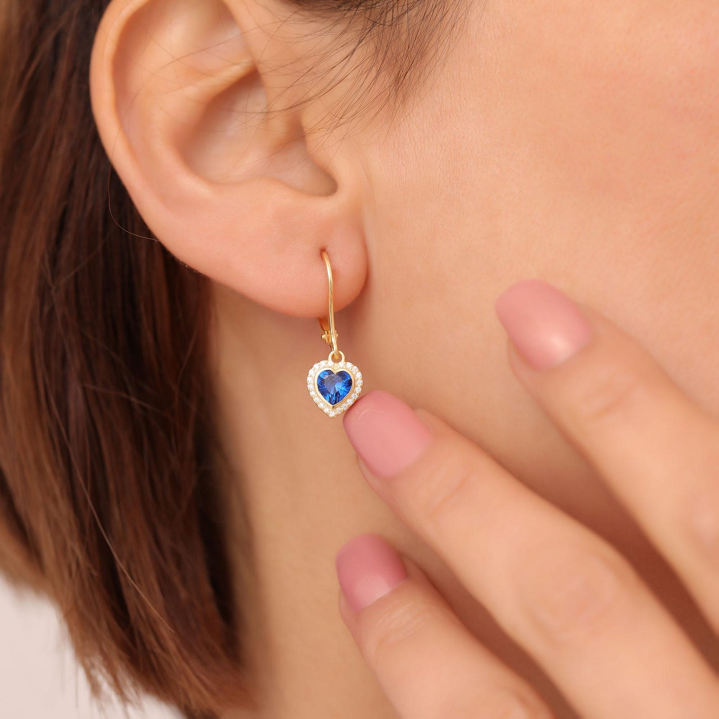 Sapphire Bezel Heart Dangle Earrings with Real Diamonds in 8K/10K/14K Solid Gold | September Birthstone Jewelry