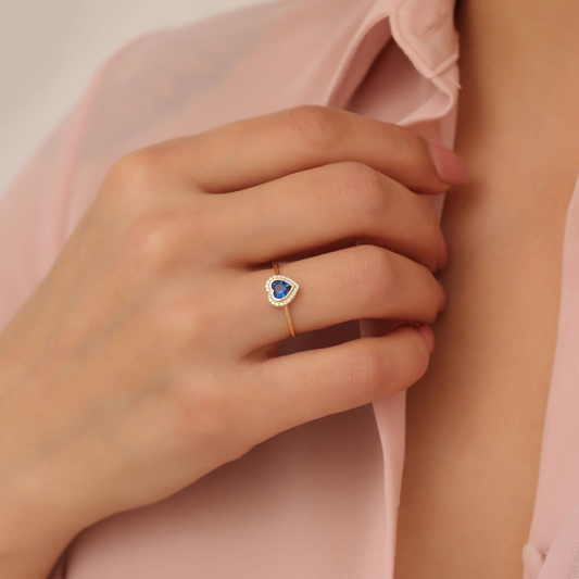 Sapphire Bezel Heart Ring with Real Diamonds in 8K/10K/14K Solid Gold | September Birthstone Jewelry