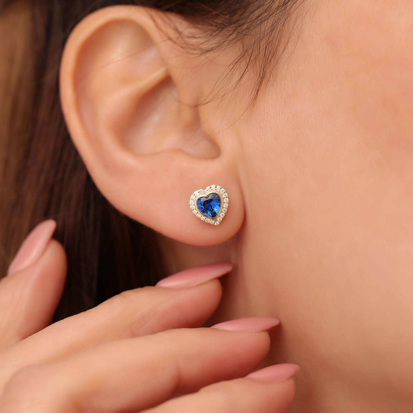 Sapphire Bezel Heart Stud Earrings with Real Diamonds in 10K/14K Solid Gold | September Birthstone Jewelry