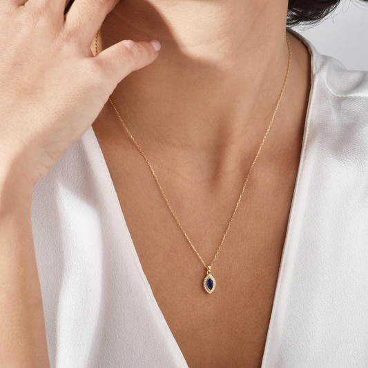 Sapphire Bezel Marquise Necklace with Real Diamonds in 8K/10K/14K Solid Gold | September Birthstone Jewelry