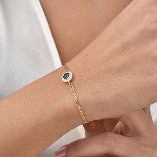 Sapphire Round Bezel Bracelet in 8K/10K/14K Solid Gold with Real Diamonds, September Birthstone Jewelry