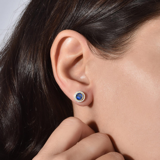 Sapphire Round Bezel Stud Earrings in 8K/10K/14K Solid Gold with Real Diamonds, September Birthstone Jewelry