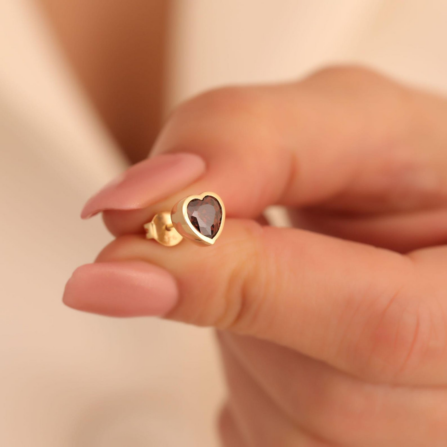 Smoky Quartz Heart Bezel Cut Stud Earrings 10K/14K Solid Gold, Birthstone Jewelry