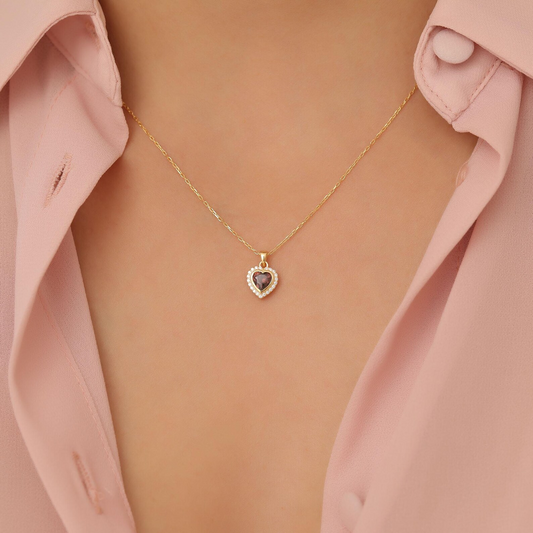 Smoky Quartz Bezel Heart Necklace with Real Diamonds in 8K/10K/14K Solid Gold | Birthstone Jewelry