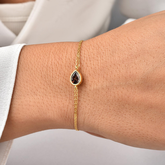 Smoky Quartz Drop Bezel Bracelet in 10K/14K Solid Gold, Birthstone Jewelry