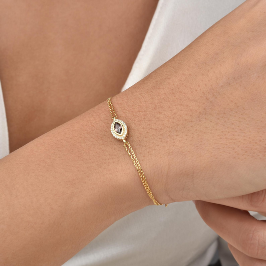 Smoky Quartz Bezel Marquise Bracelet with Real Diamonds in 8K/10K/14K Solid Gold | Handmade Jewelry