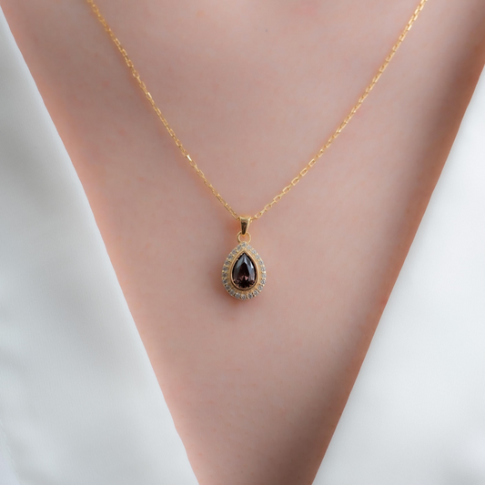 Smoky Quartz Bezel Drop Necklace with Real Diamonds in 8K/10K/14K Solid Gold | Handmade Jewelry