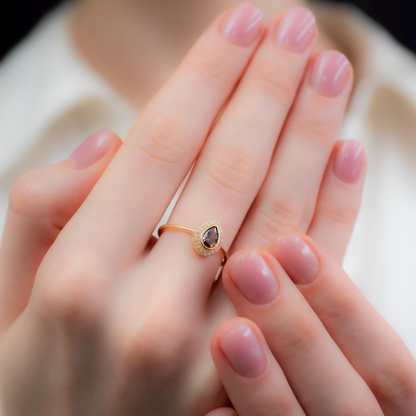 Smoky Quartz Bezel Drop Ring with Real Diamonds in 8K/10K/14K Solid Gold | Handmade Jewelry