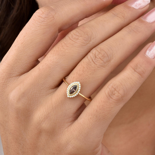 Smoky Quartz Bezel Marquise Ring with Real Diamonds in 8K/10K/14K Solid Gold | Handmade Jewelry