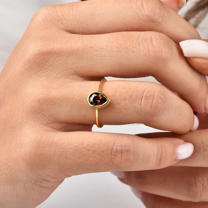 Smoky Quartz Drop Bezel Ring 8K/10K/14K Solid Gold, Birthstone Jewelry