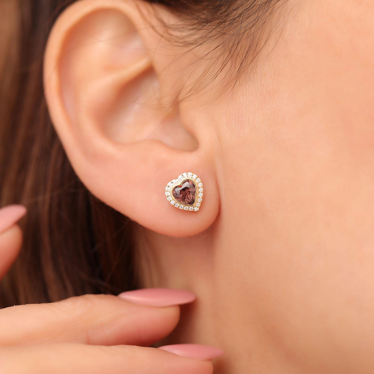 Smoky Quartz Bezel Heart Stud Earrings with Real Diamonds in 10K/14K Solid Gold | Birthstone Jewelry